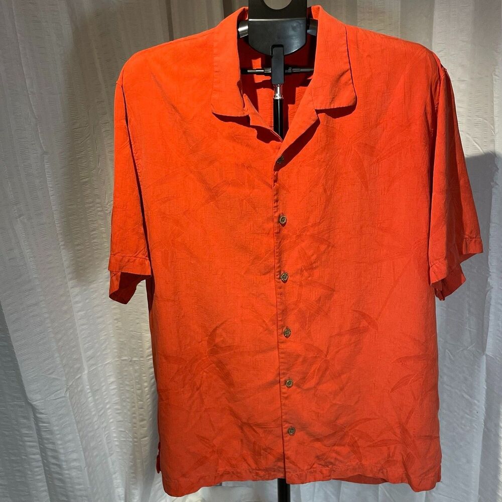 Tommy Bahama Men L Orange 100% Silk Jacquard Tropical Camp Hawaiian Shirt